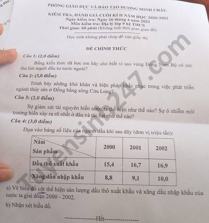 De thi hoc ki 2 mon Dia lop 9 Phong GD Duong Minh Chau nam 2021