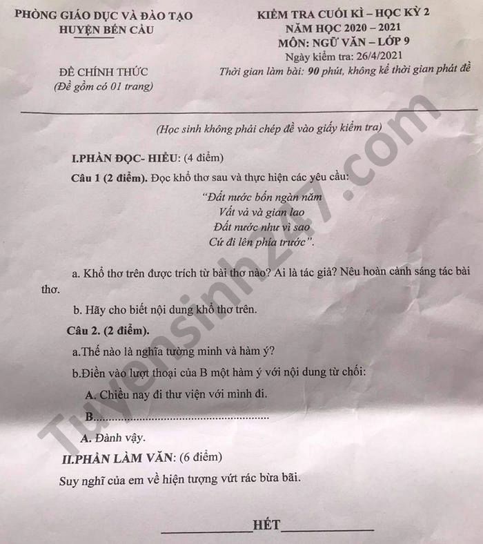 De thi hoc ki 2 - Phong GD Ben Cau mon Van lop 9 nam 2021