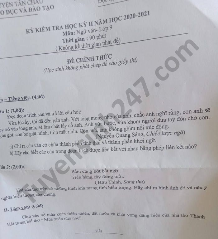 De thi hoc ki 2 mon Van lop 9 Huyen Tan Chau nam 2021