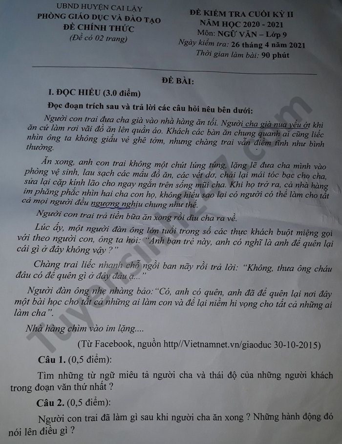 De thi hoc ki 2 nam 2021 lop 9 mon Van Phong GD Cai Lay