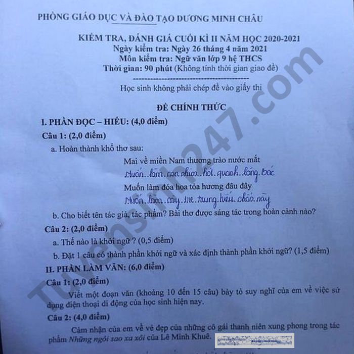 De thi hoc ki 2 nam 2021 Phong GD Duong Minh Chau - Van lop 9