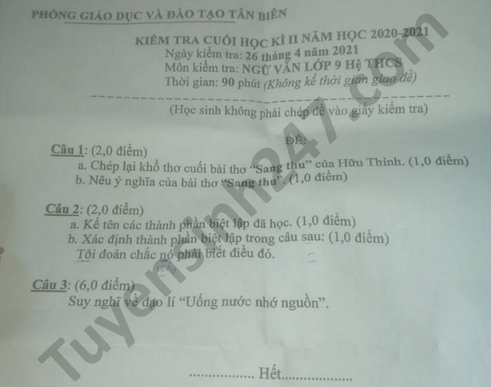 De thi hoc ki 2 mon Van lop 9 Phong GD Tan Bien nam 2021
