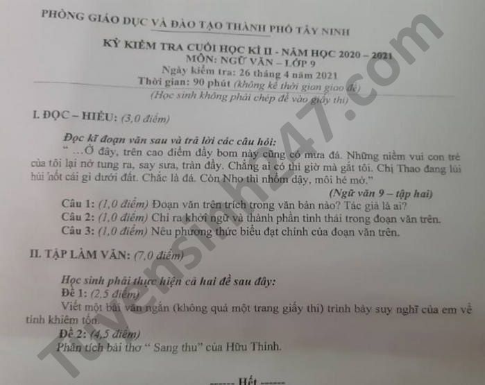 De thi hoc ki 2 lop 9 Phong GD TP Tay Ninh nam 2021 mon Van