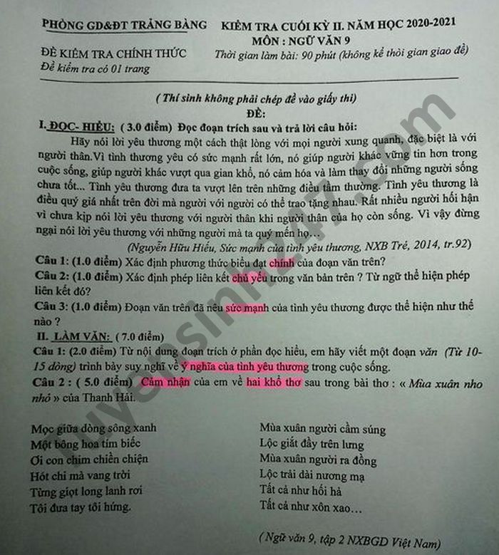 De thi hoc ki 2 mon Van lop 9 Phong GD Trang Bang nam 2021