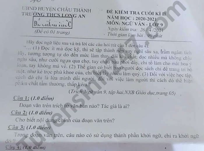 De thi hoc ki 2 mon Van lop 9 THCS Long An nam 2021