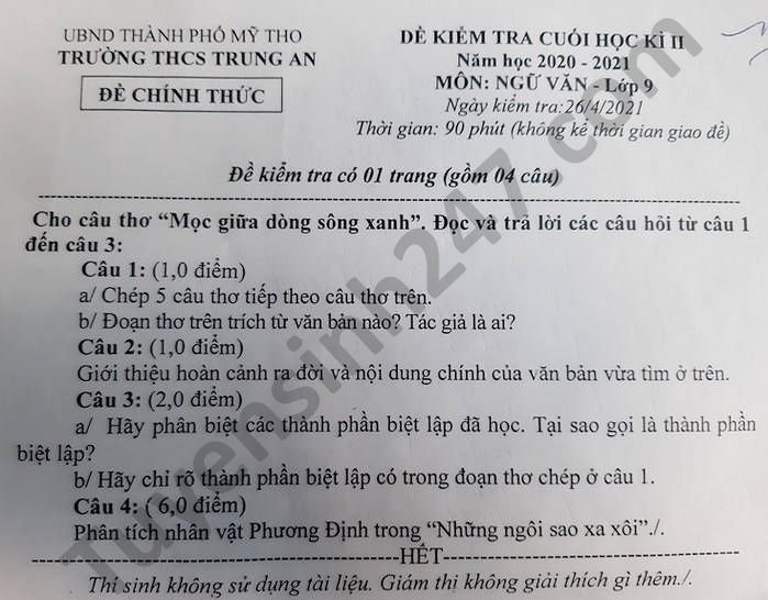De thi hoc ki 2 mon Van lop 9 THCS Trung An nam 2021