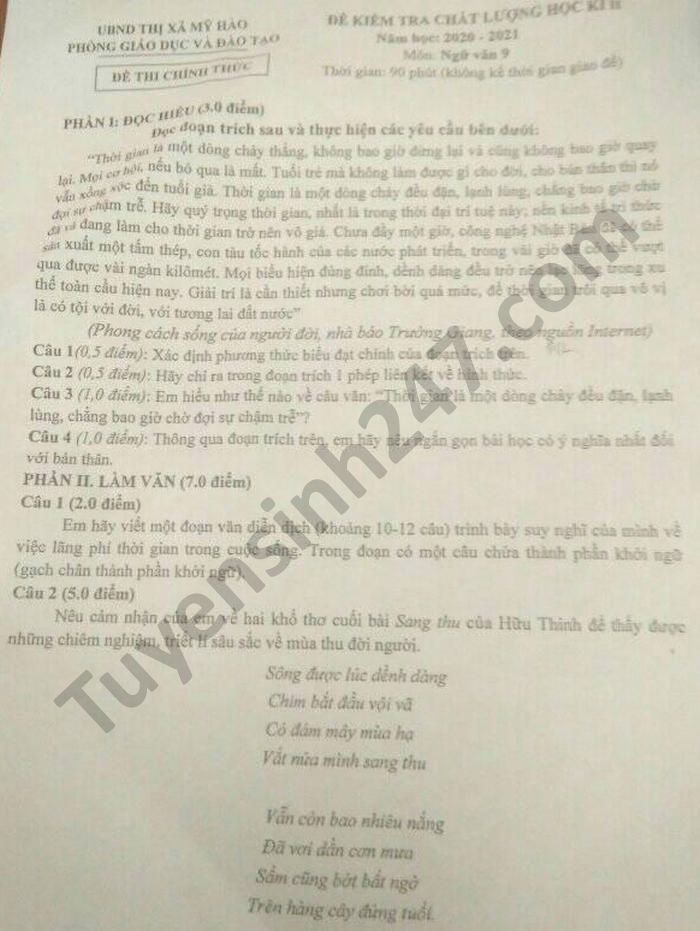 De thi hoc ki 2 mon Van lop 9 Thi xa My Hao nam 2021