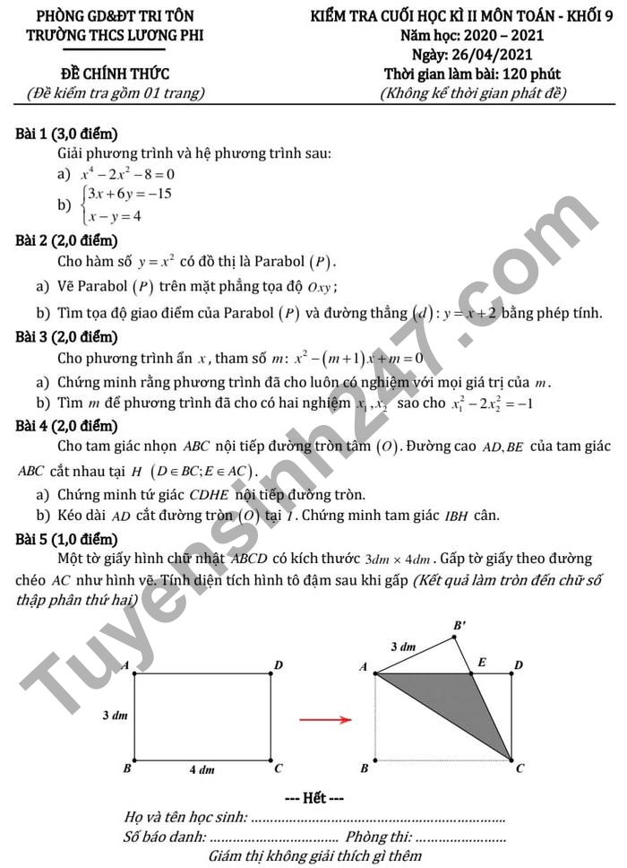 De thi ki 2 mon Toan lop 9 - THCS Luong Phi 2021