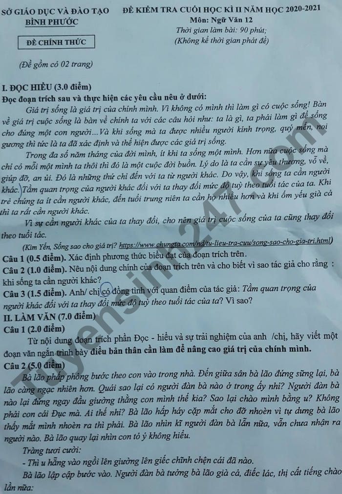 De thi hoc ki 2 lop 12 mon Van - So GD Binh Phuoc 2021