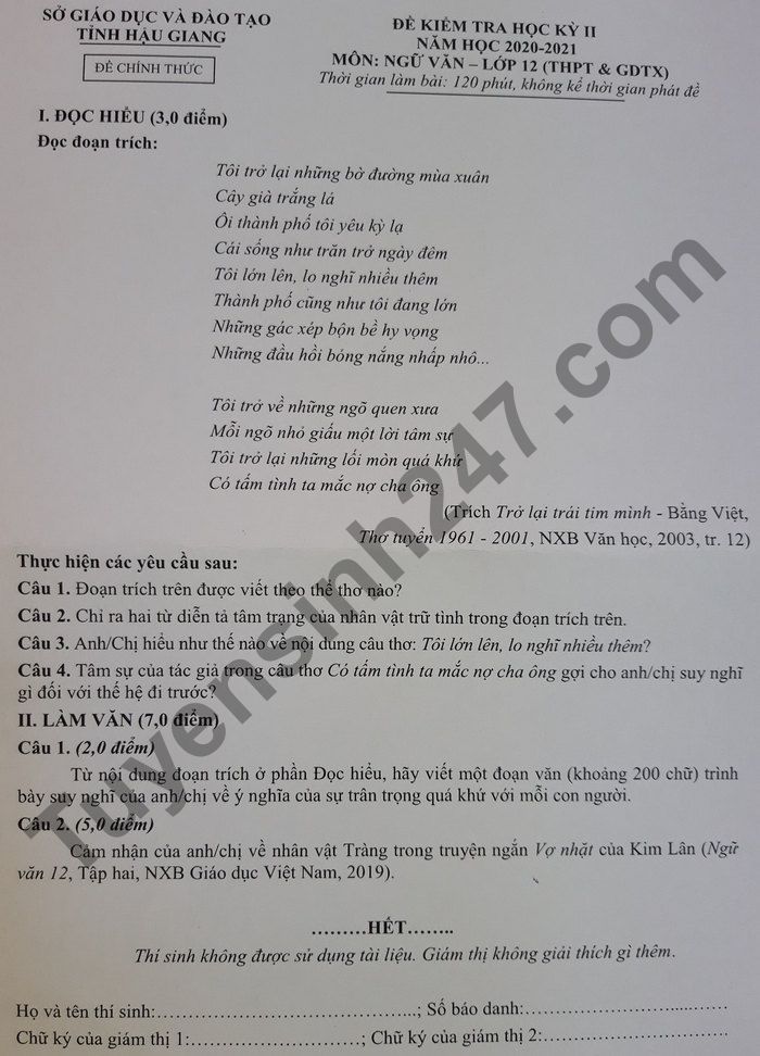 De thi hoc ki 2 nam 2021 tinh Hau Giang lop 12 mon Van