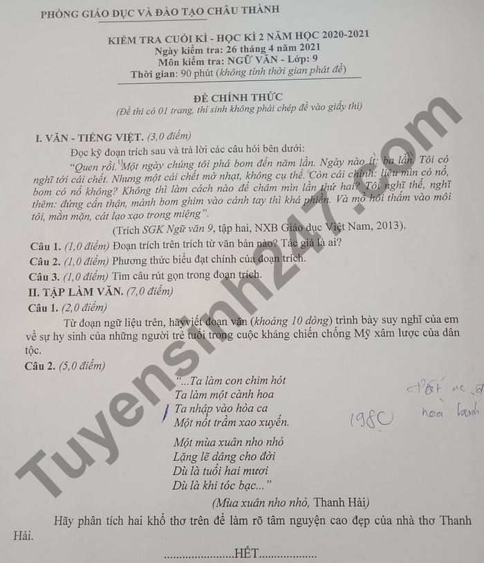 De thi hoc ki 2 nam 2021 Phong GD Chau Thanh lop 9 mon Van