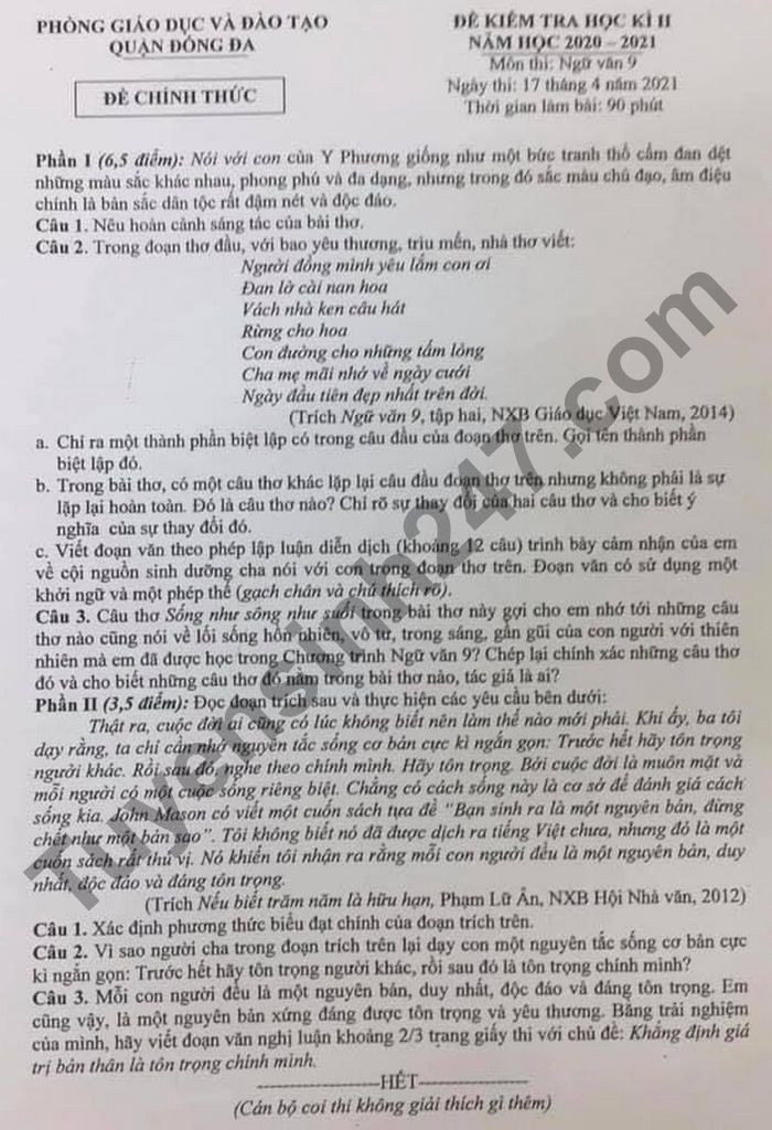 De thi hoc ki 2 mon Van lop 9 - Quan Dong Da 2021