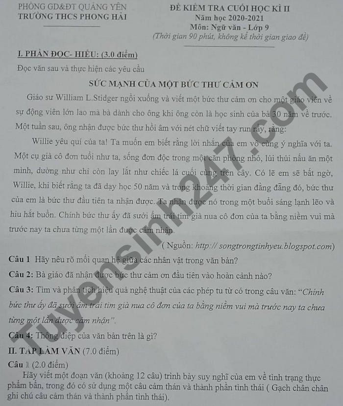 De thi cuoi ki 2 nam 2021 THCS Phong Hai lop 9 mon Van