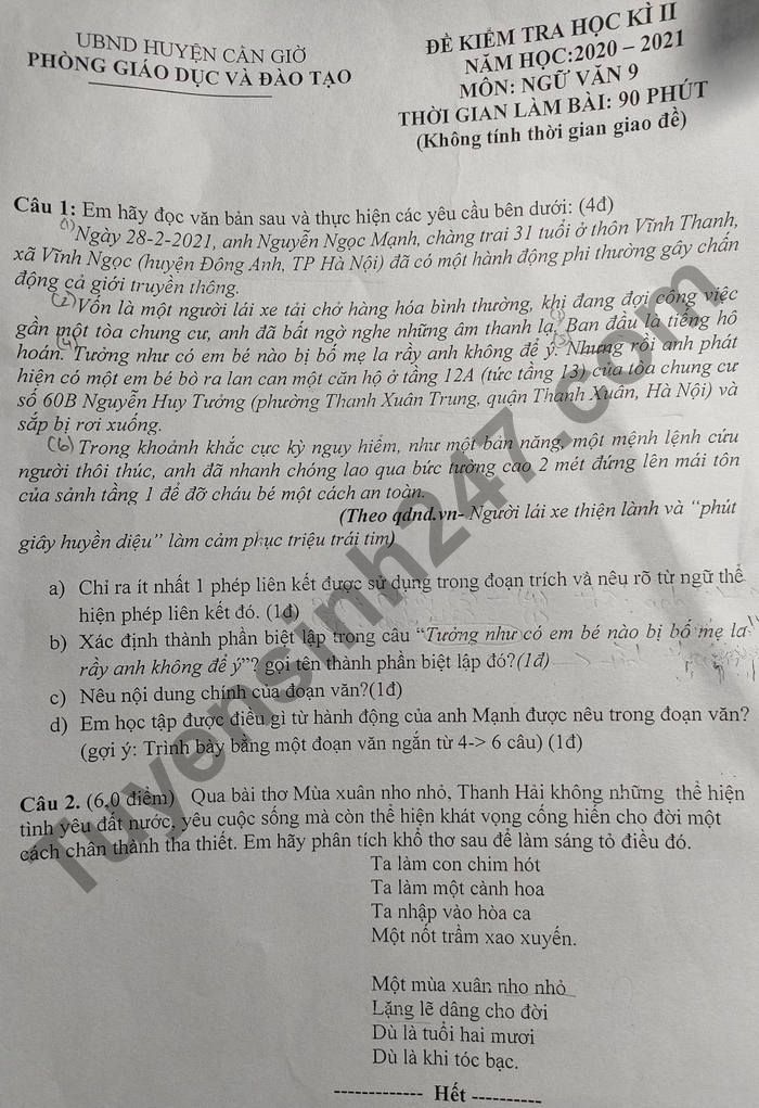 De thi hoc ki 2 mon Van lop 9 - Huyen Can Gio 2021