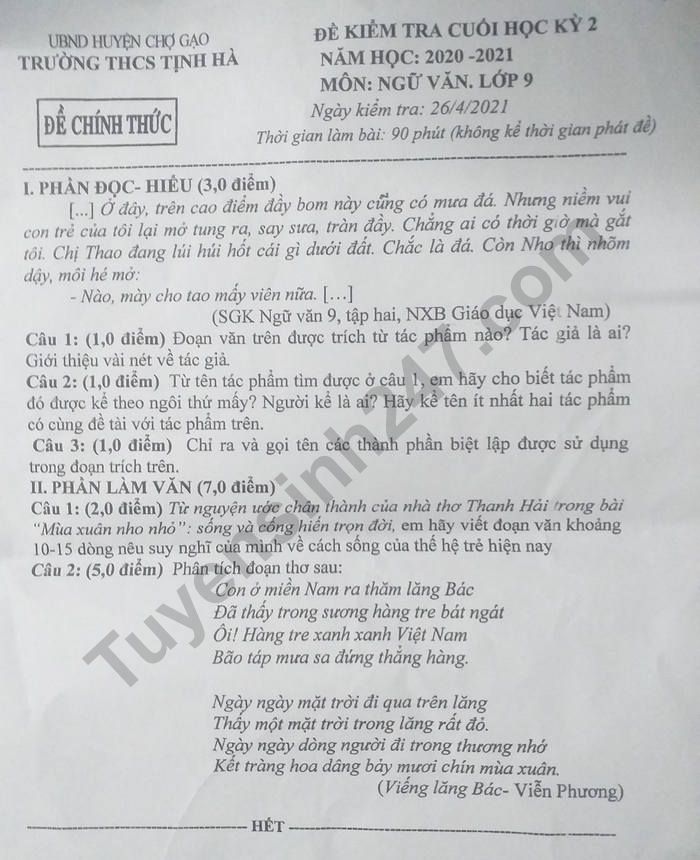 De thi ki 2 lop 9 mon Van 2021 - THCS Tinh Ha
