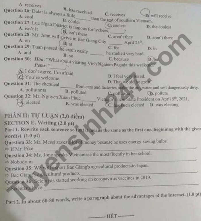 De thi thu vao lop 10 nam 2021 mon Anh - So GD Bac Giang