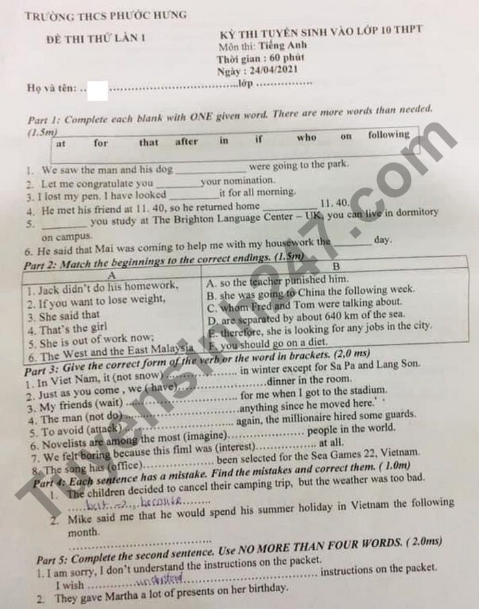 De thi thu vao lop 10 mon Anh nam 2021 - THCS Phuoc Hung lan 1