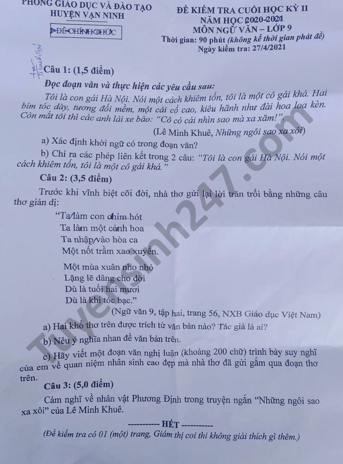 De thi hoc ki 2 nam 2021 mon Van lop 9 huyen Van Ninh