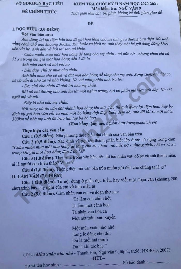 De thi hoc ki 2 mon Van lop 9 tinh Bac Lieu nam 2021