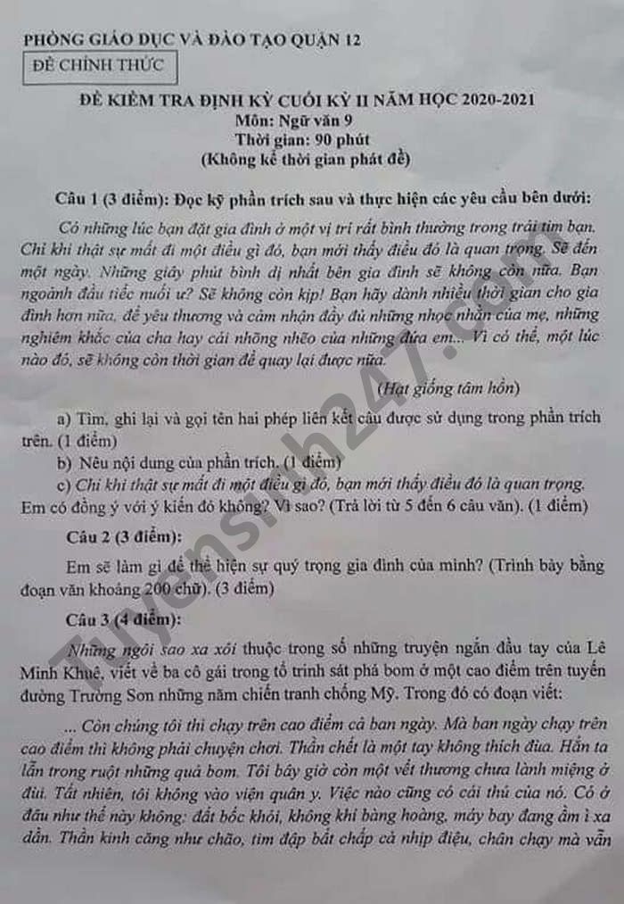 De thi hoc ki 2 - Phong GD Quan 12 mon Van lop 9 nam 2021