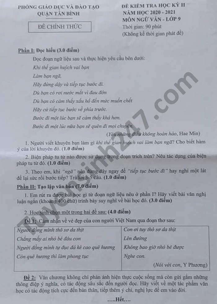 De thi hoc ki 2 mon Van lop 9 Quan Tan Binh nam 2021