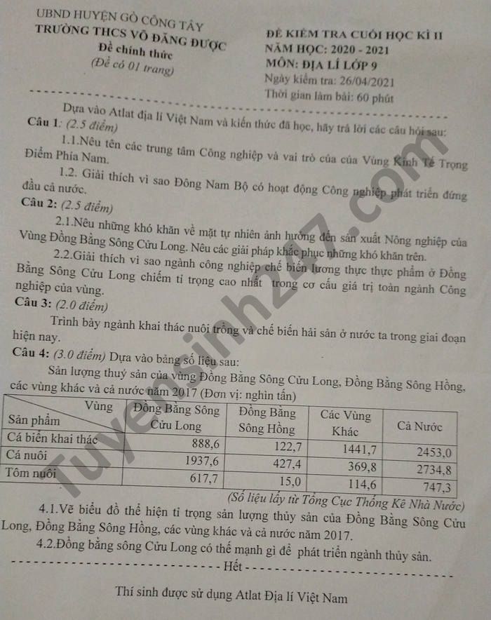 De thi hoc ki 2 lop 9 THCS Vo Dang Duoc nam 2021 mon Dia