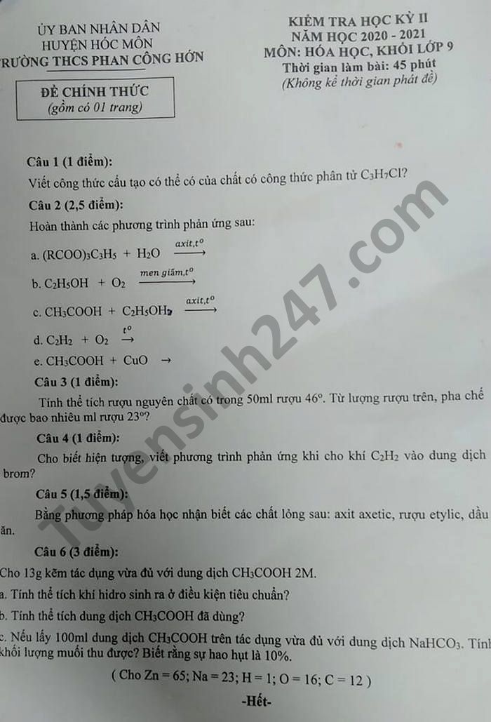 De thi hoc ki 2 mon Hoa lop 9 THCS Phan Cong Hon nam 2021