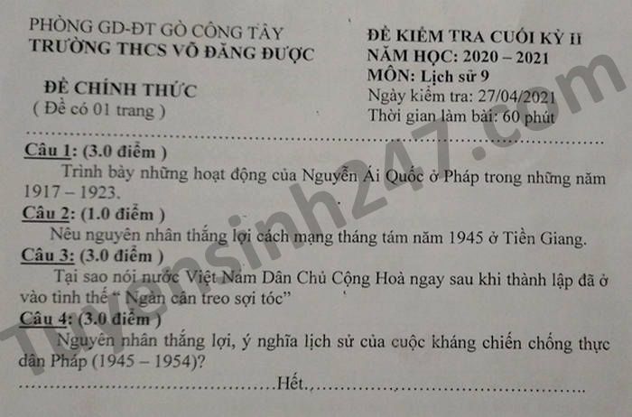 De thi hoc ki 2 THCS Vo Dang Duoc mon Su lop 9 nam 2021