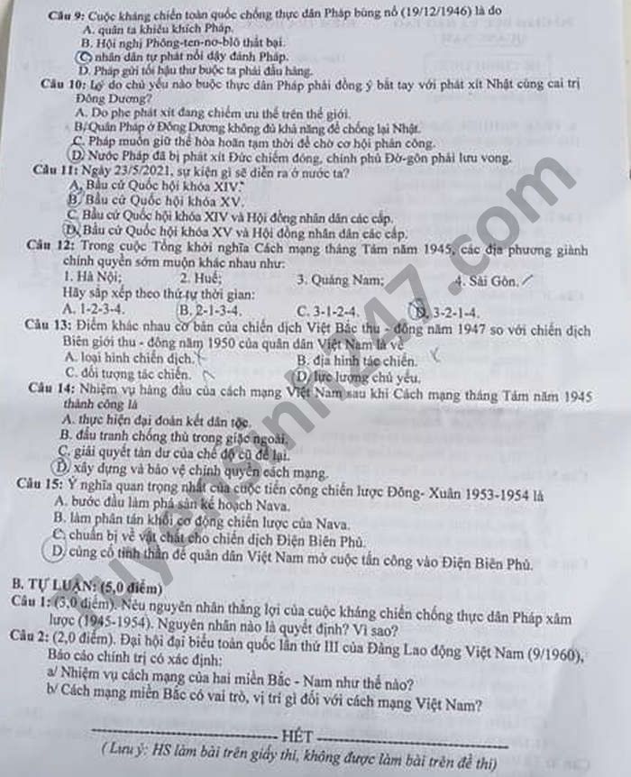 De thi hoc ki 2 nam 2021 mon Su lop 9 tinh Quang Nam