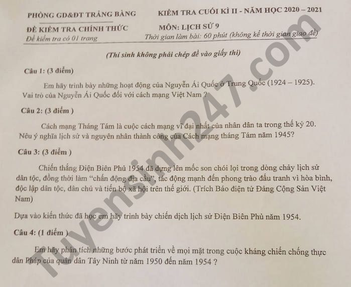 De thi hoc ki 2 mon Su lop 9 Phong GD Trang Bang nam 2021