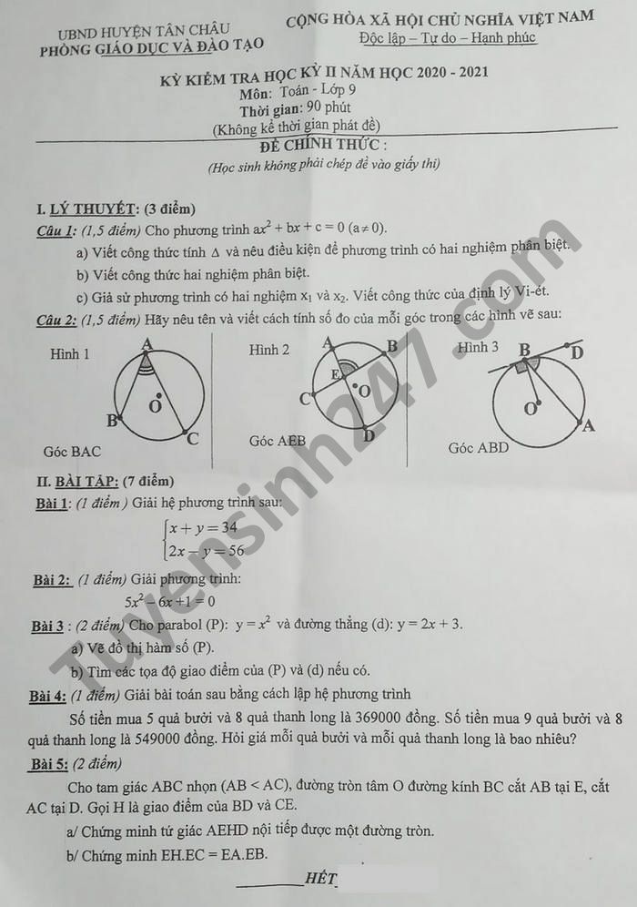 De thi hoc ki 2 mon Toan lop 9 - Phong GD Tan Chau nam 2021
