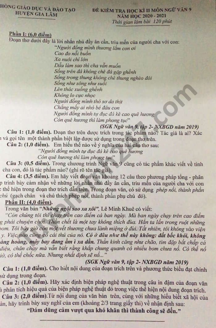 De thi hoc ki 2 mon Van lop 9 - Huyen Gia Lam nam 2021