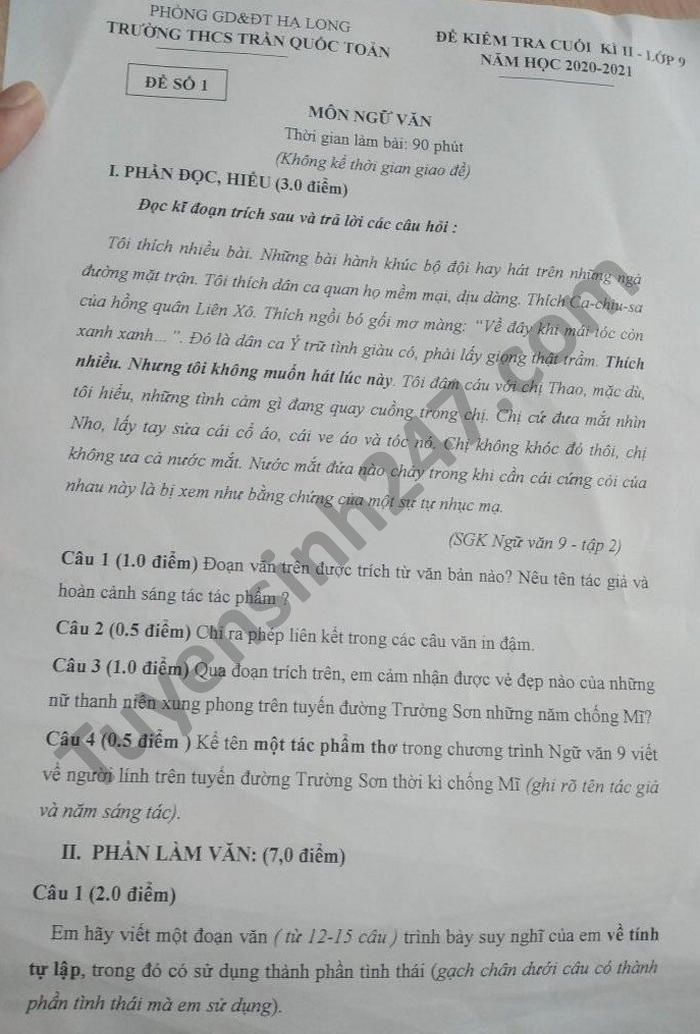 De thi hoc ki 2 THCS Tran Quoc Toan nam 2021 mon Van lop 9