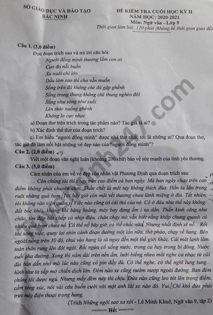 De thi hoc ki 2 mon Van lop 9 tinh Bac Ninh nam 2021