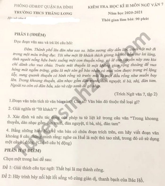 De thi hoc ki 2 mon Van lop 7 THCS Thang Long nam 2021