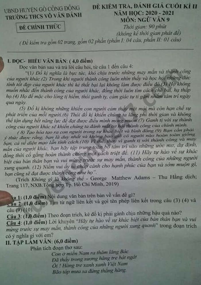 De thi hoc ki 2 mon Van lop 9 THCS Vo Van Danh nam 2021
