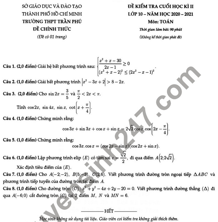 De thi hoc ki 2 lop 10 mon Toan - THPT Tran Phu 2021