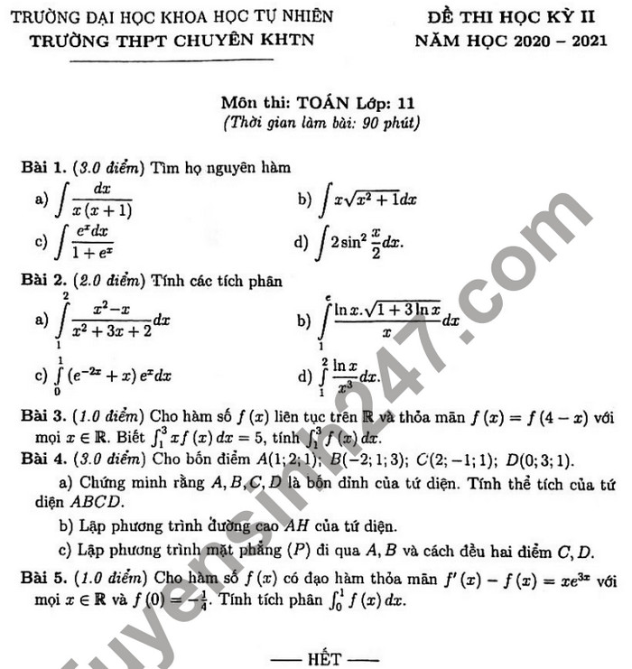 De thi hoc ki 2 mon Toan lop 11 - THPT Chuyen KHTN 2021