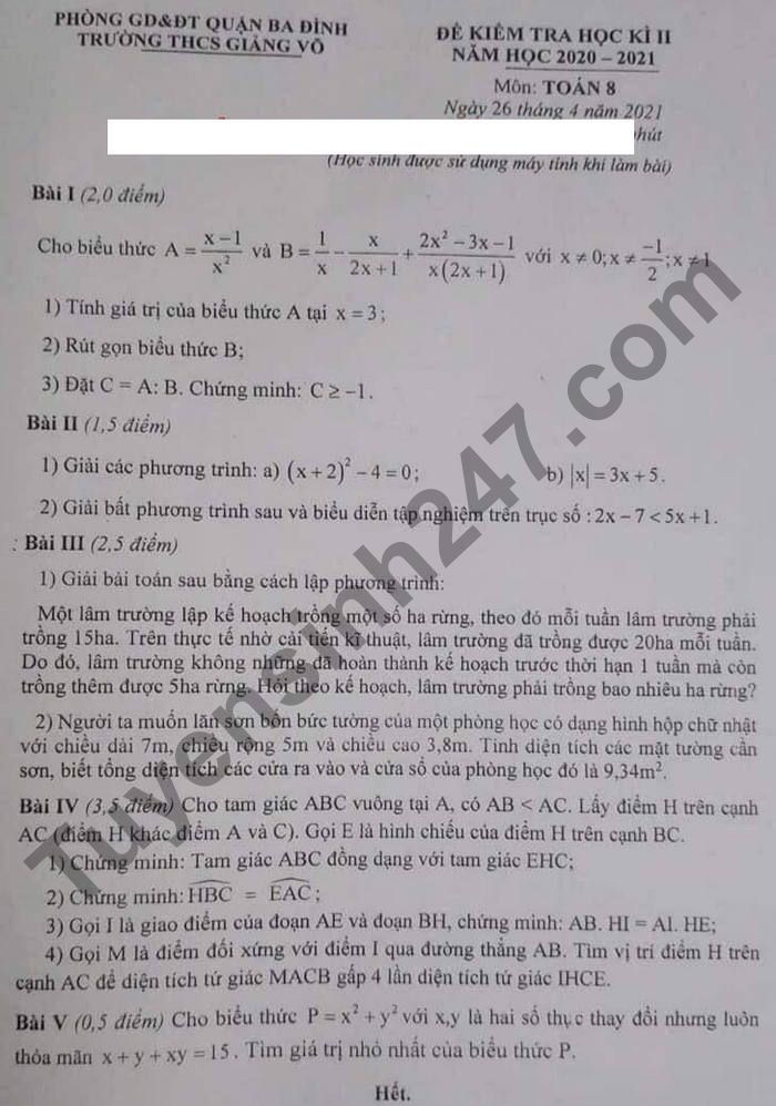De thi hoc ki 2 lop 8 mon Toan - THCS Giang Vo 2021