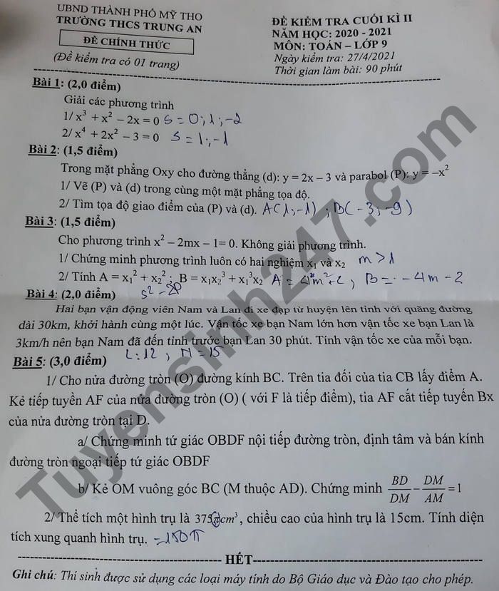 De thi hoc ki 2 mon Toan lop 9 - THCS Trung An 2021