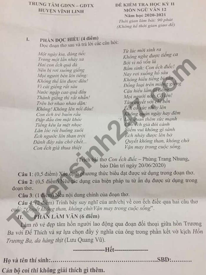 De thi hoc ki 2 lop 12 mon Van 2021 - TT GDNN-GDTX huyen Vinh Linh
