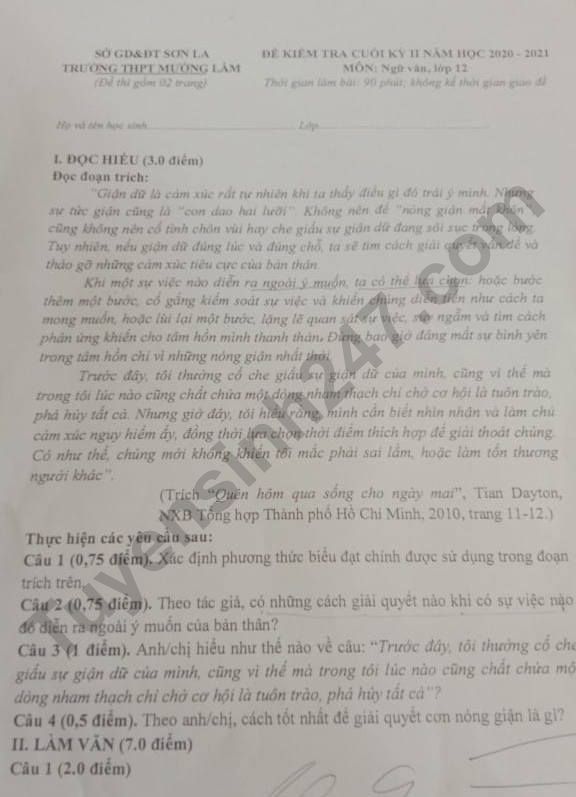 De thi ki 2 lop 12 mon Van - THPT Muong Lam 2021