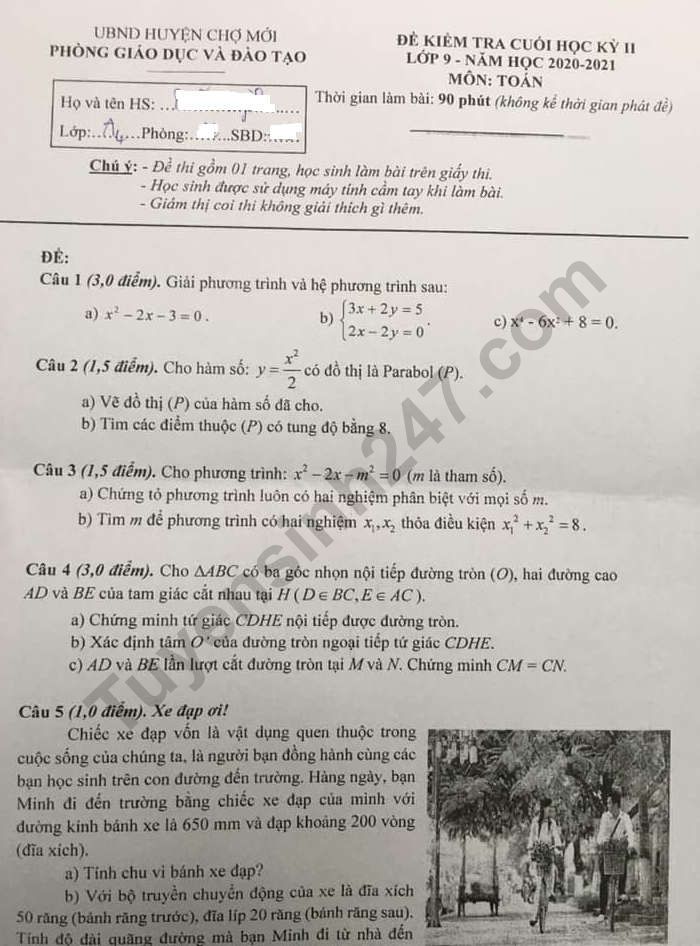 De thi ki 2 lop 9 nam 2021 mon Toan - Phong GD Cho Moi