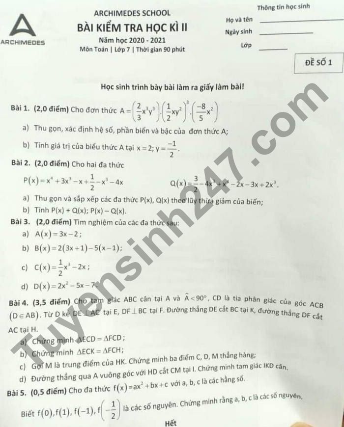 De thi hoc ki 2 nam 2021 mon Toan lop 7 - Archimedes school
