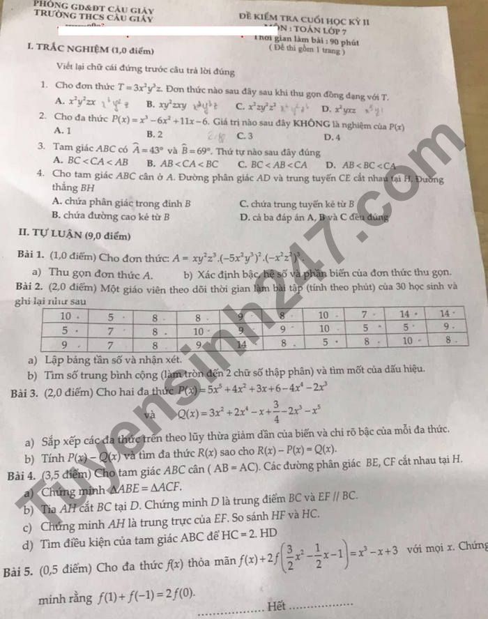 De thi hoc ki 2 mon Toan lop 7 - THCS Cau Giay 2021