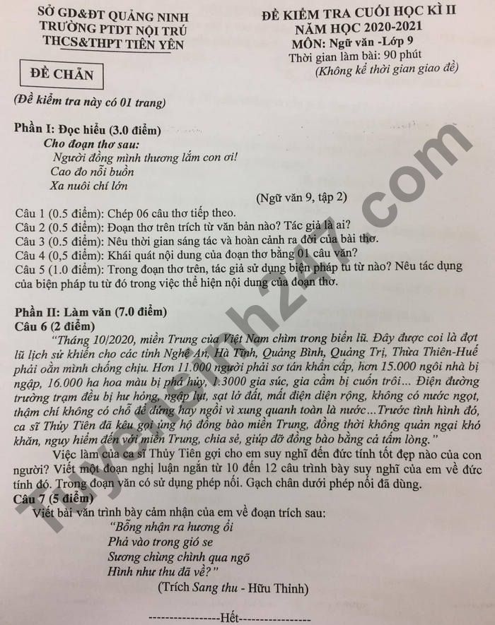 De thi hoc ki 2 mon Van lop 9 - THCS&THPT Tien Yen 2021
