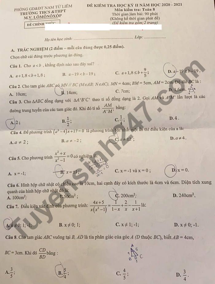 De thi hoc ki 2 mon Toan lop 8 - THCS&THPT M.V.Lomonoxop 2021