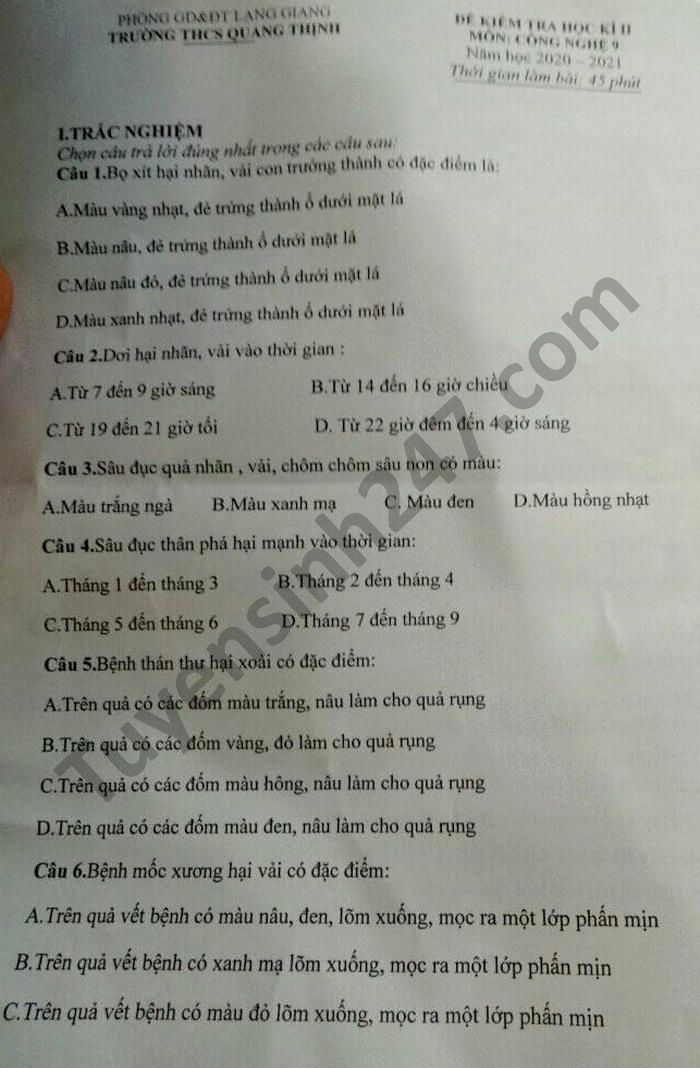 De thi hoc ki 2 mon Cong Nghe lop 9 THCS Quang Thinh nam 2021
