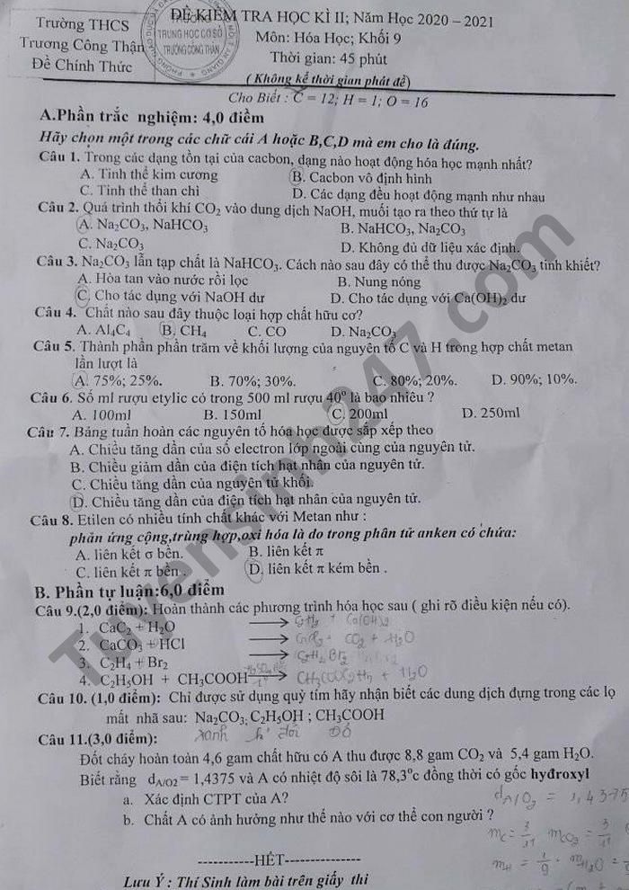 De thi hoc ki 2 lop 9 THCS Truong Cong Than mon Hoa 2021