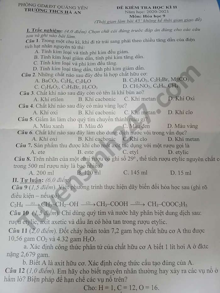 De thi hoc ki 2 mon Hoa lop 9 nam 2021 THCS Ha An